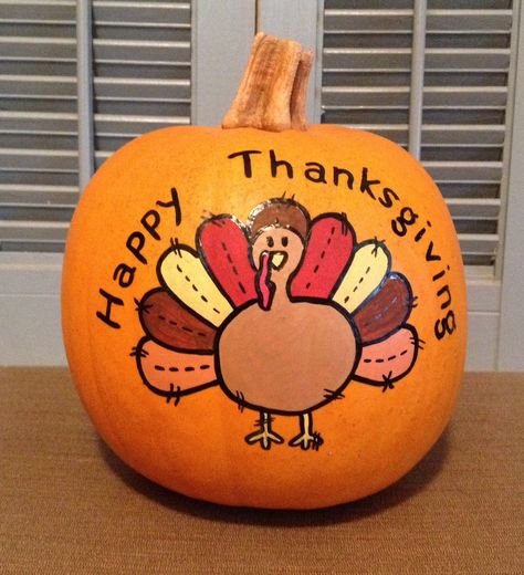 Happy Thanksgiving Turkey pumpkin Paint Thanksgiving Pumpkins, Thankful Pumpkin Painting, Turkey Painted Pumpkin, Painted Pumpkins For Thanksgiving, Painting Pumpkins Thanksgiving, Turkey Pumpkin Painting, Painted Thanksgiving Pumpkins, Pumpkin Painting Ideas Thanksgiving, Thanksgiving Pumpkin Painting