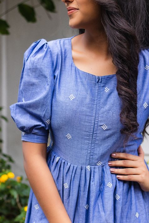 Rs.2400
Denim feel cotton dress with puffed sleeve. 

Model in the picture is wearing size S and length of the dress is 46 inches. Feeding Dresses Indian Style, Feeding Kurta Designs, Maternity Feeding Dress Pattern, Maternity Cotton Dress, Kurthis Models For Stitching Cotton, Feeding Tops Ideas, Cotton Dress Models For Stitching, Sleeves Design For Frocks, Feeding Dresses Indian