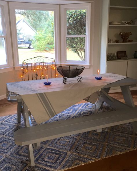 Kitchen Table Picnic Style, Picnic Table Kitchen, Picnic Table Indoor, Picnic Table Kitchen Tables, Picnic Table As Dining Table, Picnic Table Dining Room, Indoor Picnic Table, Playroom Inspiration, Portable Picnic Table