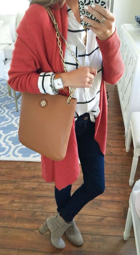 Pinterest // CherokKels Winter Teacher Outfits, Coral Cardigan, Teaching Outfits, Grey Booties, Teacher Outfit, Jeans Grey, Teacher Outfits, Amazing Outfits, Cardigan Black