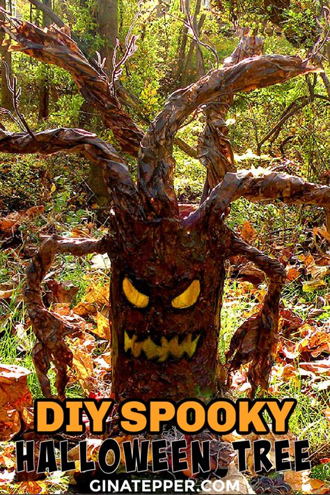 How To Make Spooky Trees For Halloween, Tree Stump Halloween Ideas, Halloween Tree Diy How To Make, Diy Spooky Tree Outdoor, Scary Trees Halloween, Diy Halloween Trees Ideas, Spooky Trees For Halloween, Diy Spooky Tree, Diy Halloween Tree