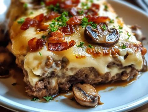 Mushroom Swiss Meatloaf Recipes, Bacon Swiss Cheese Meatloaf, Swiss Cheese Meatloaf, Mushroom Bacon Swiss Meatloaf, Bacon Swiss Meatloaf, Bacon Swiss Mushroom Meatloaf, Hamburger Mushroom Casserole, Mushroom Bacon Swiss Meatloaf Casserole, Bacon Mushroom Meatloaf