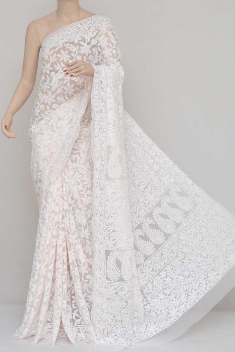 Light Peach Color Hand Embroidered Work Allover Lucknowi Chikankari Saree (With Blouse - Georgette) PU250926 White Saree Wedding, Lucknowi Chikankari Saree, Dupatta Styling, Cotton Sarees Online Shopping, White Sari, Onam Outfits, New Dress Pattern, Off White Saree, Chikankari Saree