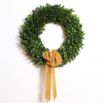 Our handmade wreaths are the perfect statement piece for the front door, wall, or above the mantle in your home. Our wreaths also make an excellent gift that can be enjoyed for years to come! Wreath Color: Golden | Primrue Preserved Boxwood w/ Ribbon 22" Greenery Wreath Greenery in Yellow, Size 22.0 H x 22.0 W x 4.0 D in | Wayfair Garage Door Wreath, Boxwood Wreath With Ribbon, Thanksgiving Wreaths For Front Door, Wreath Greenery, Preserved Boxwood, Pocket Vase, Boxwood Wreath, Magnolia Wreath, Outdoor Wreaths