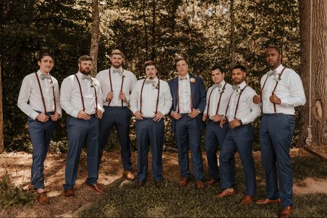 Mens Farmhouse Wedding Attire, Suspenders Wedding Jeans, Suspenders And Jeans Wedding, Wedding Party Suspenders, Groomsmen Suspenders And Bowties, Groomsmen Attire Jeans And Boots, Groomsmen Attire Navy Blue, Men Wedding Suspenders, Brown Leather Suspenders Wedding