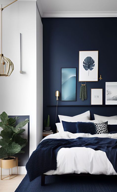 Blue Feature Wall Bedroom, Dark Blue Rooms, Dark Blue Bedrooms, Blue Bedroom Walls, Navy Blue Bedrooms, Blue Bedroom Design, Bilik Idaman, Feature Wall Bedroom, Blue Bedroom Decor