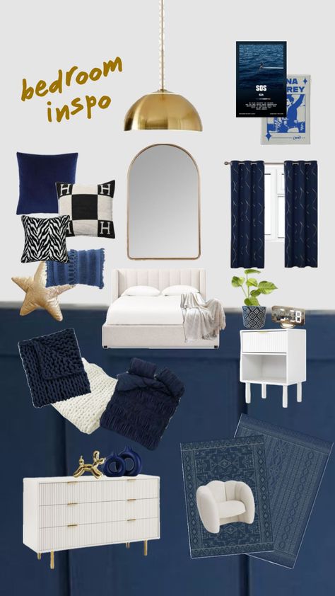 Bedroom Decor Navy, Navy Room Decor, Navy Blue Rooms, Dark Blue Rooms, Blue And Gold Bedroom, Refresh Home, Blue Room Decor, Autumn Photos, Gold Bedroom Decor