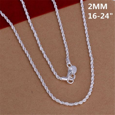 New Hot necklace silver plated women lady party chain jewelry 2MM shiny Twisted Rope Necklace Fashion trends Jewelry Gifts Necklaces 925, Chain Necklace Women, Men Jewellery, Silver Necklaces Women, Silver Jewelry Necklace, Unisex Necklace, Model Shop, Sterling Silver Chain Necklace, Long Chain Necklace