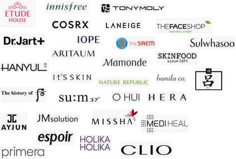 Korea Well-known brand cosmetics Fashion Brand Logo Design, Korean Clothing Brands, Korean Makeup Brands, Fashion Brand Logo, About Korea, Korean Beauty Brands, Cosmetic Brands, Shampoo Brands, Clothing Brand Logos