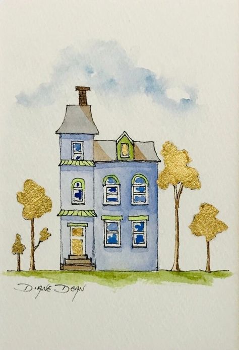 Whimsical, charming art print of this quaint watercolor and ink, blue house with gold accents.  So much fun in this great print.  For those who love blue and watercolor, this is a great piece for you.   Several sizes in menu.  5 x 7 with or without a mat (lightly tacked to a white mat, if chosen). Printed on Epson Premium paper with archival quality ink. Whimsical House, House Watercolor, Art Du Croquis, Watercolor House Painting, Whimsical Art Journal, Whimsical Art Paintings, Sketch Watercolor, Urbane Kunst, Art Fantaisiste