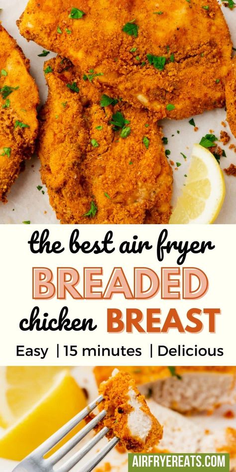 It's right here! The recipe for the very best Air Fryer Breaded Chicken Breast you could ever want is now tested, perfected, and ready for you to make and serve to your family tonight. Breadcrumb Chicken Air Fryer, Breaded Airfry Chicken, Airfried Healthy Chicken Breast, Breaded Chicken In The Air Fryer, Air Fry Breaded Chicken Tenders, Air Fry Prime Rib Roast, Air Fry Breaded Chicken Breast, Skinless Boneless Chicken Breast Recipes In Air Fryer, Air Fry Boneless Chicken Breast