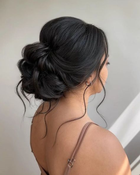 Wedding Hair Brown Updo, Wedding Hair Updo Brown Hair, Updue Hairstyles Wedding, Updo With Pieces Hanging, Low Prom Bun, Bridesmaids Hair Up, Bridal Hair Updo Brunette, Messy Updo Bridesmaid, Bridal Updo For Thick Long Hair