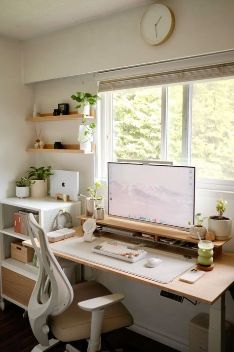 Plants Desk Setup, Small Zen Office Ideas, Art Desk In Living Room, Desks With Shelves Above, Couples Study Room, Maple Desk Setup, Boho Bedroom With Desk, Minimal Desk Aesthetic, Cozy Minimalism Aesthetic