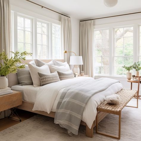 Learn How To Arrange a Bedroom With Two Windows Window High On Wall, Feminine Master Suite, Window In Front Of Bed, Feature Wall With Windows Bedroom, Bed Centered Between Windows, Bed In Front Of Large Window, Bed In Front Of A Window, Bedroom With Window Above Bed, Window As Headboard