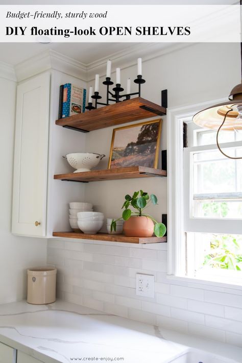 DIY, budget-friendly floating-look open shelves! / Create / Enjoy Corbel Bracket Shelf, Open Shelves Next To Cabinet, Open Shelving In The Kitchen Diy, Kitchenette Floating Shelves, Diy Open Shelving Kitchen, Diy Shelves Design, Diy Shelves Ideas, Diy Kitchen Shelves, Diy Tumblr