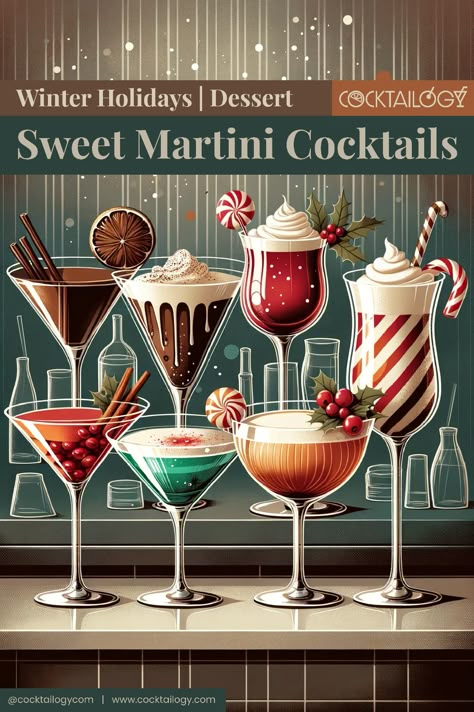 🍸🍭🎄The best 8 sweet martini cocktails you should really (really!) try this Christmas & winter holidays! 🥃🎂🎁 Decadent liquid boozy Christmas desserts in a martini glass! #cocktail #cocktails #drinks #martini #sweet #dessert #christmas #holidays Holiday Dessert Martinis, Holiday Martini Recipes Christmas, Christmas Vodka Martini, Christmas Dessert Martini, Christmas Themed Martinis, Christmas Cocktails Martini, Christmas Chocolate Martini, Holiday Dessert Cocktails, Signature Holiday Cocktails