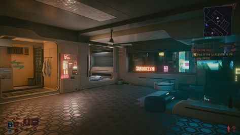 Clown Hotel, Cyberpunk Terrain, Futuristic Plants, Cyberpunk Interior Design, Cyberpunk House, Futuristic Living Room, Futuristic Apartment, Cyberpunk Apartment, Cyberpunk Interior