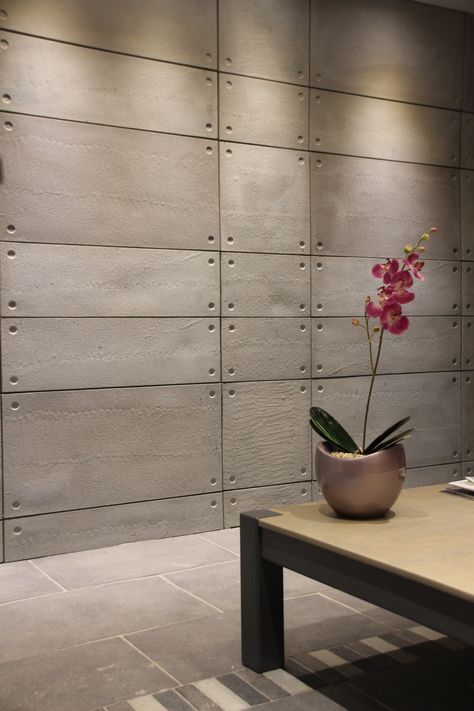 Modern, sleek, durable and contemporary off shutter cladding in plain grey. Ideal for any business or home wall area. Concrete Wall Design, Concrete Wall Tiles, Concrete Board, Concrete Wall Panels, Industrial Style Bathroom, Brick Decor, Facade Material, Small Apartment Interior, Wall Tiles Design