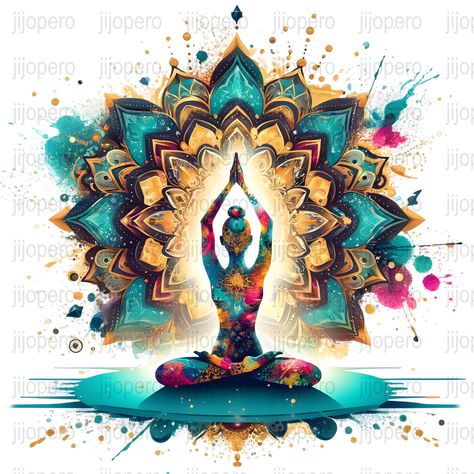 Yoga Pose Illustration, Yoga Inspiration Art, Wellness Decor, Colorful Mandala Art, Yoga Png, Paper File, Chakra Art, Colorful Mandala, Mandala Artwork