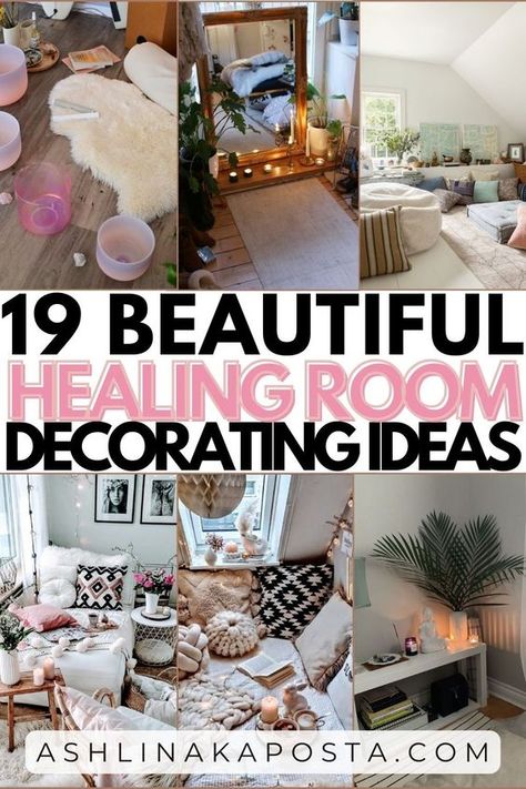 19 feminine & spiritual healing room decor ideas you will want to copy — ASHLINA KAPOSTA Meditation Living Room Ideas, Chakra Bedroom Ideas, Meditating Room Ideas, Tiny Meditation Space, Yoga Therapy Room, Boho Relaxation Room, Yoga Space In Living Room, Green Zen Room, Meditation Corner In Living Room