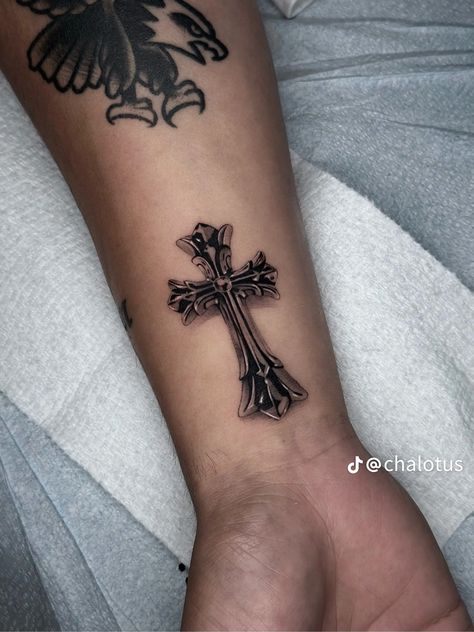 Realism Crown Tattoo, Mexican Clown Tattoo, Arm Pieces Tattoo Women, Chrome Heart Tattoo Ideas, Crome Heart Tattoos, Crusader Cross Tattoo, Grunge Cross Tattoo, Saint Tattoos For Men, Chrome Cross Tattoo