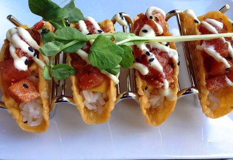 ahi tuna tacos |  crispy wonton shells, wasabi aioli & mango  @ the boathouse in english bay (vancouver)