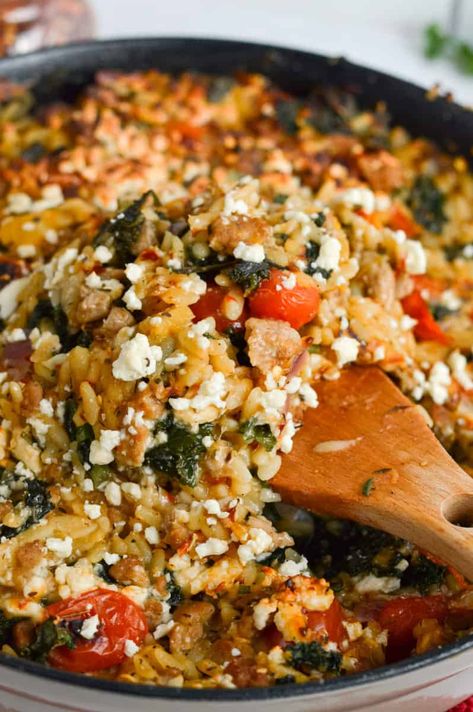 Butternut Squash and Sausage Orzo with Kale (One Pan) Sausage Apple Butternut Squash, Butternut Squash Sausage Orzo, Butternut Squash Orzo Recipes, Butternut Squash And Sausage Recipes, Orzo With Sausage, Healthy One Pan Dinner, Butternut Squash Orzo, Squash Orzo, Butternut Squash And Sausage