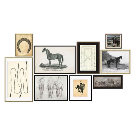 S/9, Equestrian Gallery Wall | One Kings Lane Wallpaper Accent Wall Bathroom, Small Bathroom Wallpaper, Orange Book, Affordable Modern Furniture, Equestrian Decor, Elephant Logo, Figure Sketching, Wood Frames, New Home Designs