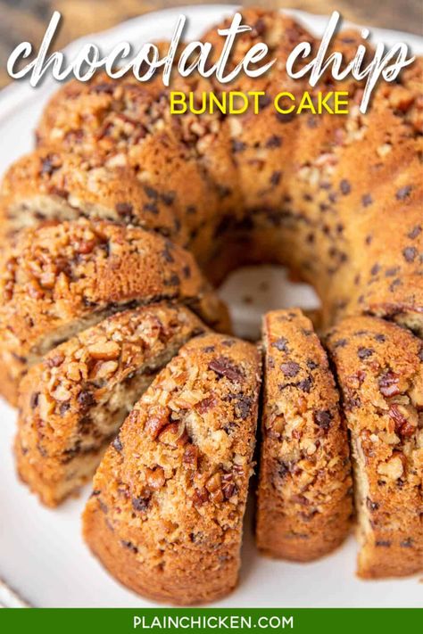 This Chocolate Chip Bundt Cake is seriously the BEST. Homemade buttermilk pound cake loaded with pecans and chocolate chips. Top the cake with some vanilla ice cream and caramel sauce and prepare to be wowed! Pecans, sugar, brown sugar, butter, vanilla, eggs, flour, baking soda, salt, buttermilk, and chocolate chips. Can make in advance and refrigerate or freeze for a sweet treat later! #cake #dessert #poundcake #chocolatechips #bundtcake Chocolate Chip Bundt, Pond Cake, Chocolate Chip Pound Cake, Chocolate Chip Bundt Cake, Buttermilk Pound Cake, Lemon And Coconut Cake, Brown Sugar Butter, Nothing Bundt, Nothing Bundt Cakes