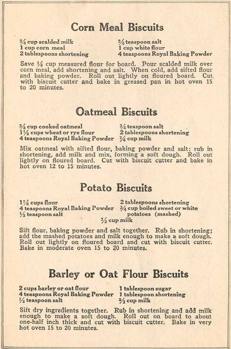 Recipe Booklet Page 4 Vintage Biscuit Recipe, Vintage Recipes 1800s, 1800 Recipes, Corn Biscuits, Cornmeal Biscuits, Victorian Recipes, Oatmeal Biscuits, Wartime Recipes, Potato Biscuits