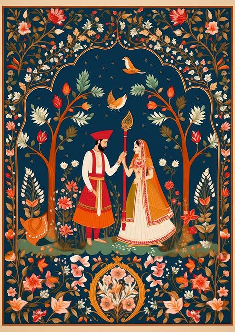 Indian traditional mughal pichwai art tapestry pattern adult. | premium image by rawpixel.com / juju. Mughal Art Illustrations, Indian Traditional Color Palette, Indian Traditional Background, Mughal Patterns, Wedding Collaterals, Kalamkari Prints, Pvc Design, Pichwai Art, Flower Shop Decor