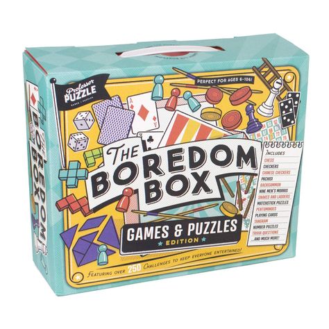 PRICES MAY VARY. The Indoor Boredom Box by Professor Puzzle - Featuring over 250 challenges to keep everyone entertained. Includes everything you need for family games night - Chess, Checkers, Backgammon, Mikado, Pachisi, Nine Men’s Morris, Snakes & Ladders, Matchstick Puzzles, Playing Cards, Tangram Puzzles, Number Puzzles, Trivia Questions, Lateral Thinking Puzzles and much more! Develop creative thinking, problem solving skills & classic board game abilities - The perfect addition to games ni Lateral Thinking Puzzles, Games Puzzle, Box Games, Game Night Gift, Board Game Box, Tangram Puzzles, Lateral Thinking, Brain Game, Board Game Design