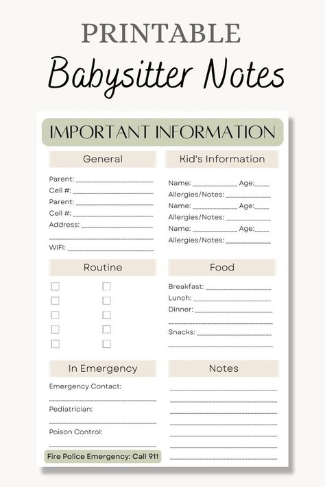 Babysitter Food Ideas, Babysitter Info Sheet, Nanny Information Sheet, Babysitting Information Sheet Printables, Babysitting Paperwork, Babysitting Information Sheet, Babysitter Binder, Babysitter Information Sheet, Babysitter Ideas