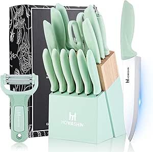 Howashin Knife Set With Block,15Pcs Knives Block Set,High Carbon German Stainless Steel Knife Set With Sharpener,Scissor and Peeler,Green Knife Block Set Stainless Steel Knife Set, Knife Block Set, Specialty Knives, Cutlery Sets, Knife Set Kitchen, Sharpeners, Green Gifts, Knife Set, Knife Sets