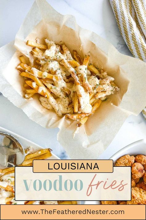 Louisiana Voodoo Fries are wildly flavorful, cheesy Cajun ranch fries no one can resist! Make your own right at home in just 30 minutes. Gravy French Fries, French Fry Cheese Sauce, Different Poutine Recipes, Wing Stop Voodoo Fries Recipe, Loaded French Fry Recipes, Frozen Fry Recipes, Loaded Fries Sauce, French Fry Recipe Ideas, Wingstop Voodoo Fries Recipe