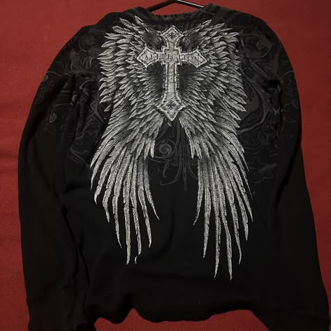 rare affliction long sleeve mint condition mens... - Depop Affliction Shirts Men, Dark Y2k, Affliction Clothing, Affliction Shirts, Feminine Mystique, Metal Mulisha, Glitter Dust, Mma Elite, Room Stuff