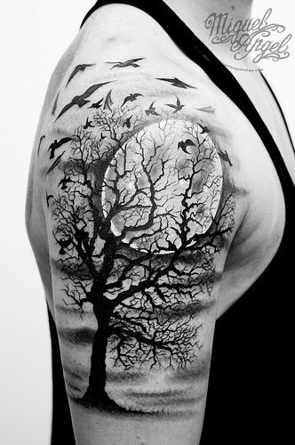 Tree, birds and full moon custom tattoo | Flickr - Photo Sharing! Cool Cross Tattoos, Jasmine Tattoo, Arm Wrap Tattoo, Abdomen Tattoo, Tato Salib, Tree Tattoo Men, Oak Tree Tattoo, Tato Henna, Wrap Tattoo