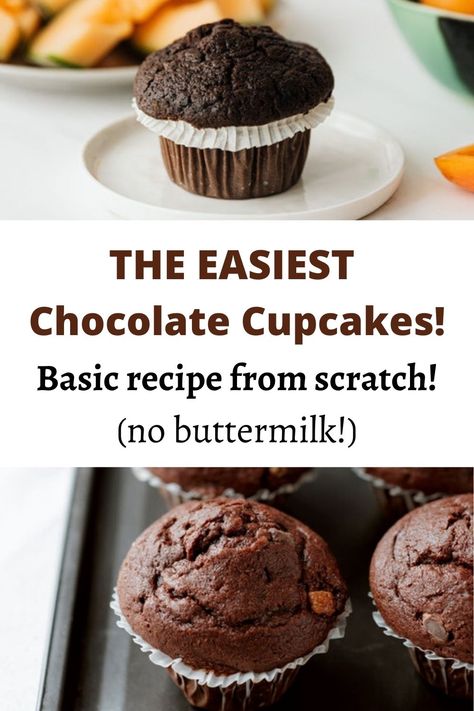 This super simple recipe will show you how to make the easiest basic chocolate cupcakes from scratch and get the best results. No buttermilk and still the best, super soft cupcakes! This is very quick and easy, beginner-friendly baking recipe for delicious chocolate cupcakes. Chocolate Cupcakes No Buttermilk, Chocolate Cupcake Recipe No Buttermilk, Easy Chocolate Cupcakes Simple, Simple Chocolate Cupcakes, Easy Chocolate Cupcake Recipe Simple, Homemade Chocolate Cupcakes From Scratch, Chocolate Cupcake Recipe Easy, Unfrosted Cupcakes, Chocolate Muffin Recipe Easy