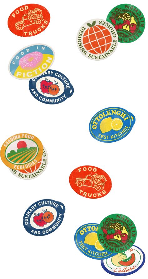 Culinary creativity: tuck into a week of features on how design shapes food culture Sticker Shapes Design, Fruit Sticker Wallpaper, Fruit Stickers Design, Retro Food Packaging, Food Illustrations Design, Fruit Sticker Tattoo, Food Branding Ideas, Sticker Ideas Design, Collage Tshirts