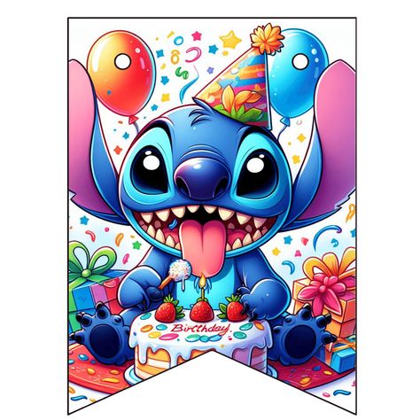 Stitch Happy Birthday Banner Stitch Birthday Decoration Ideas, Stitch Happy Birthday, Free Birthday Banner, Stitch Party, Stitch Birthday, Animated Emoticons, Free Banner, Party Flags, Lilo E Stitch