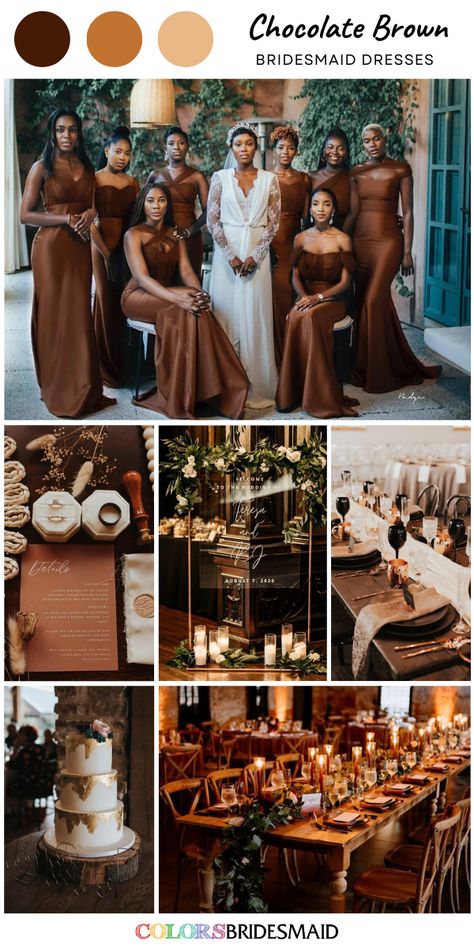 Chocolate brown bridesmaid dresses on sale under $100, in 600+ custom-made styles and all sizes, white bridal gown, white and light brown wedding cake, chocolate brown wedding invitations, white wedding table runners and chocolate brown napkins, white candles and white flowers and greenery centerpieces. #colsbm #bridesmaids #bridesmaiddresses #weddingideas #brownwedding #weddingtabledecor #chocolatebrownwedding #weddinginvitation #weddingcake #weddingcenterpieces #chocolatebrowndress b2252 Chocolate Bridesmaid Dresses Black Women, Braidsmaids Dresses Brown, Brown Invitations Wedding, Brown Wedding Colors Bridesmaid Dress, Brown Gold And White Wedding Theme, Yellow Brown Wedding Theme, Navy Blue And Chocolate Brown Wedding, Chocolate Themed Wedding, White Gold Brown Wedding