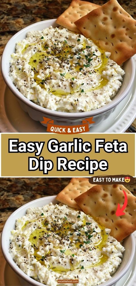 This Garlic Feta Dip is an easy appetizer, game day food, or party snack that can be served cold or baked in the oven. Greek yogurt and cream cheese make it extra creamy with a hint of lemon juice and simple seasonings. Cold Feta Dip, Baked Feta Dip Appetizer Recipes, Creamed Feta Dip, Recipes For Feta Cheese, Recipes Using Feta Cheese Crumbles, Feta Cheese Snacks, Savory Greek Yogurt Dip, Easy Feta Dip, Creamy Feta Dip