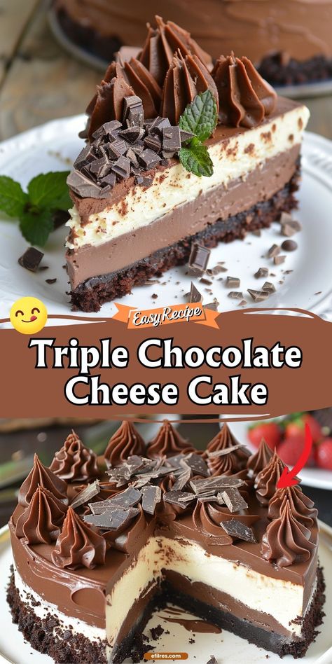 Indulge in a Triple Chocolate Cheesecake, a decadent dessert that layers dark, milk, and white chocolate in a creamy, dreamy cheesecake form. Chocolate heaven!
#TripleChocolate #CheesecakeDelight #DessertGoals Layered Cheesecake, Creamy Chocolate Cheesecake, Triple Chocolate Cheesecake, Chocolate Cheesecake Recipes, Slice Of Heaven, Chocolate Cheese, Chocolate Heaven, Chocolate Topping, Fun Easy Recipes