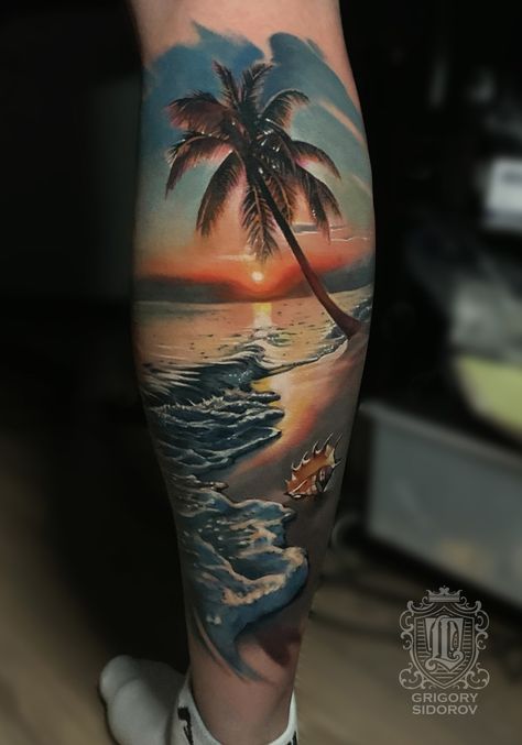 Ocean Tattoos Realistic, Realism Ocean Tattoo, Beach Sleeve Tattoos For Women, Sunset At Beach Tattoo, Color Beach Tattoo, Beach Themed Tattoos For Women Sleeve, Beach Leg Tattoos Women, Beach Tattoos Men, Island Tattoo Men