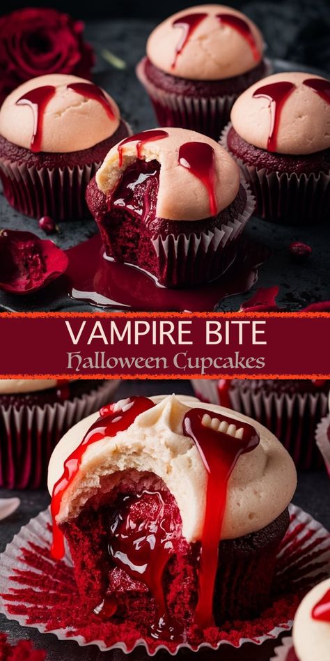 Halloween Vampire Bite Cupcakes with Creepy Red Centers Easy Baking Recipes Halloween, Red Velvet Cupcake Ideas, Halloween Cupcake Flavor Ideas, Halloween Cupcakes Adult Party, Spooky Cupcakes Scary Halloween, Halloween Desserts Chocolate, Halloween Baking Recipes Easy, Red Velvet Cupcakes Halloween, Vampire Themed Snacks