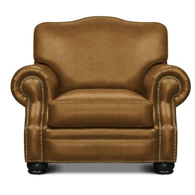 The Royale armchair is the picture of old-world pedigree, boasting a traditional club-style profile and upholstered in your choice of fine leather. Nailhead accenting adorns the arm fronts and frame the backrest, while inset panels of decoratively textured leather add variety. The wide range of leathers lets you pick the perfect match for your decor. Built with care on a hardwood frame, the seat is suspended by pocketed coils and wrapped in high-density foam. The cushions are stuffed with a down Leather Wingback Chair, Eleanor Rigby, Swivel Club Chairs, Leather Wingback, Leather Club Chairs, Chair And A Half, Arm Chairs, Green Chair, Club Chair