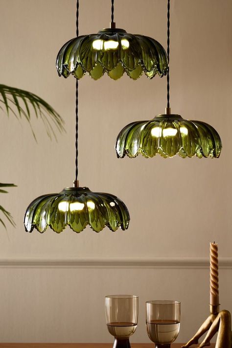 Dining Room Fairy Lights, Green Glass Ceiling Light, Green Light Shade, Attic Flat, Cluster Lights, Rockett St George, Ceiling Shades, Desert Island, Tree Pattern