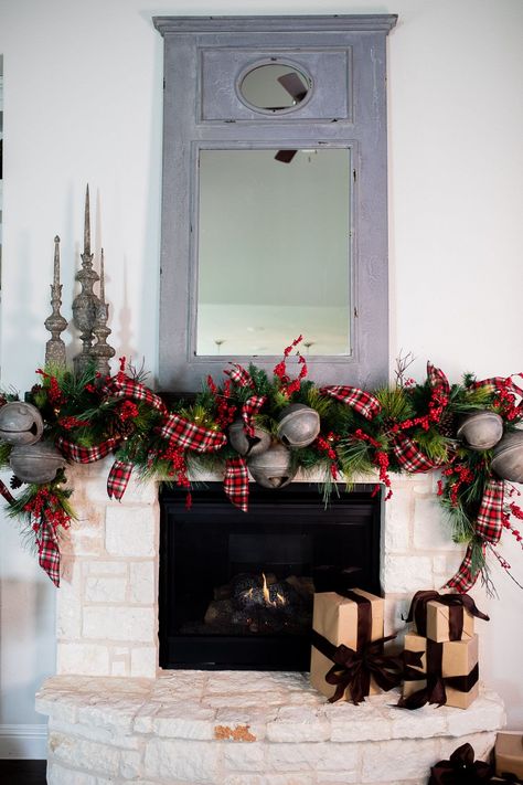 Decorators Warehouse Christmas, Christmas Mantle With Bells, Decorating Garland For Christmas, Christmas Bells Decorations, Farmhouse Mantels, Decorators Warehouse, Christmas Mantle Garland, Christmas Fireplace Garland, Christmas Fireplaces