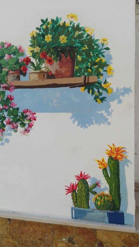 Mural Wall Art Window, Outside Wall Painting Ideas Backyard, Outdoor Wall Art Ideas Creative, Diy Outdoor Mural, Outdoor Garden Wall Painting Ideas, Terrace Wall Painting Ideas, Creative Wall Painting Diy, Garden Wall Painting Ideas, Outside Wall Paint