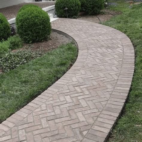 Curved Herringbone Brick Walkway, Herringbone Brick Walkways To Front Door, Herringbone Stamped Concrete Walkway, Herringbone Brick Pathway, Herringbone Front Walkway, Paved Walkway Ideas Pathways, Brick Patterns Walkway, Herringbone Brick Path, Herringbone Walkway To Front Door